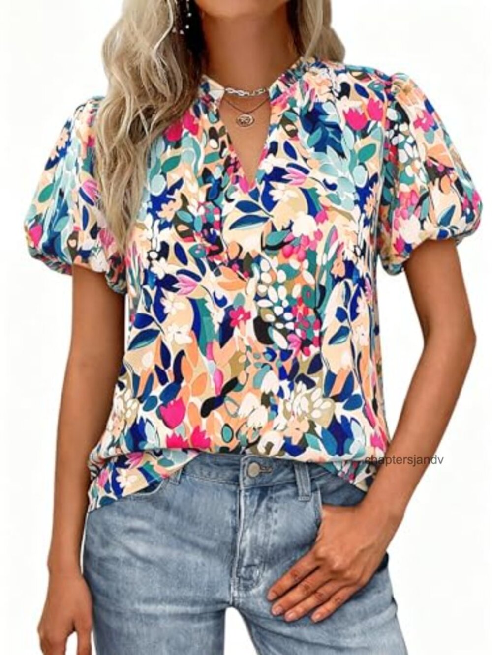 Chiffon Floral Blouse V-Neck Puff Sleeve Boho Short Sleeve Womens Top
